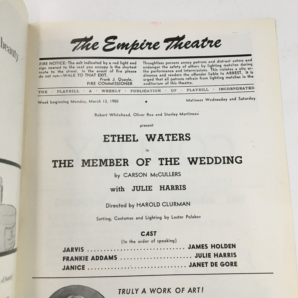 Inside view of the 1950 Playbill for The Empire Theatre, detailing the cast and production of Ethel Waters in The Member of the Wedding.