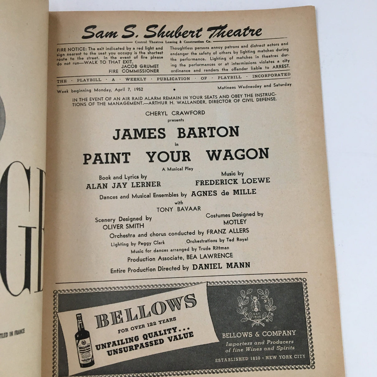 Interior page of the 1952 Playbill from the Sam S. Shubert Theatre highlighting the production details of Paint Your Wagon, featuring James Barton's name and show information.
