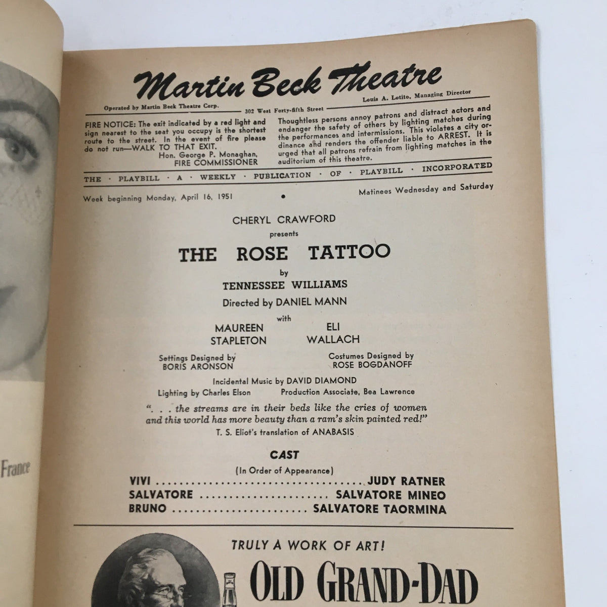 1951 Playbill from Martin Beck Theatre for the production of 'The Rose Tattoo' by Tennessee Williams, featuring cast details and production credits in vintage style.