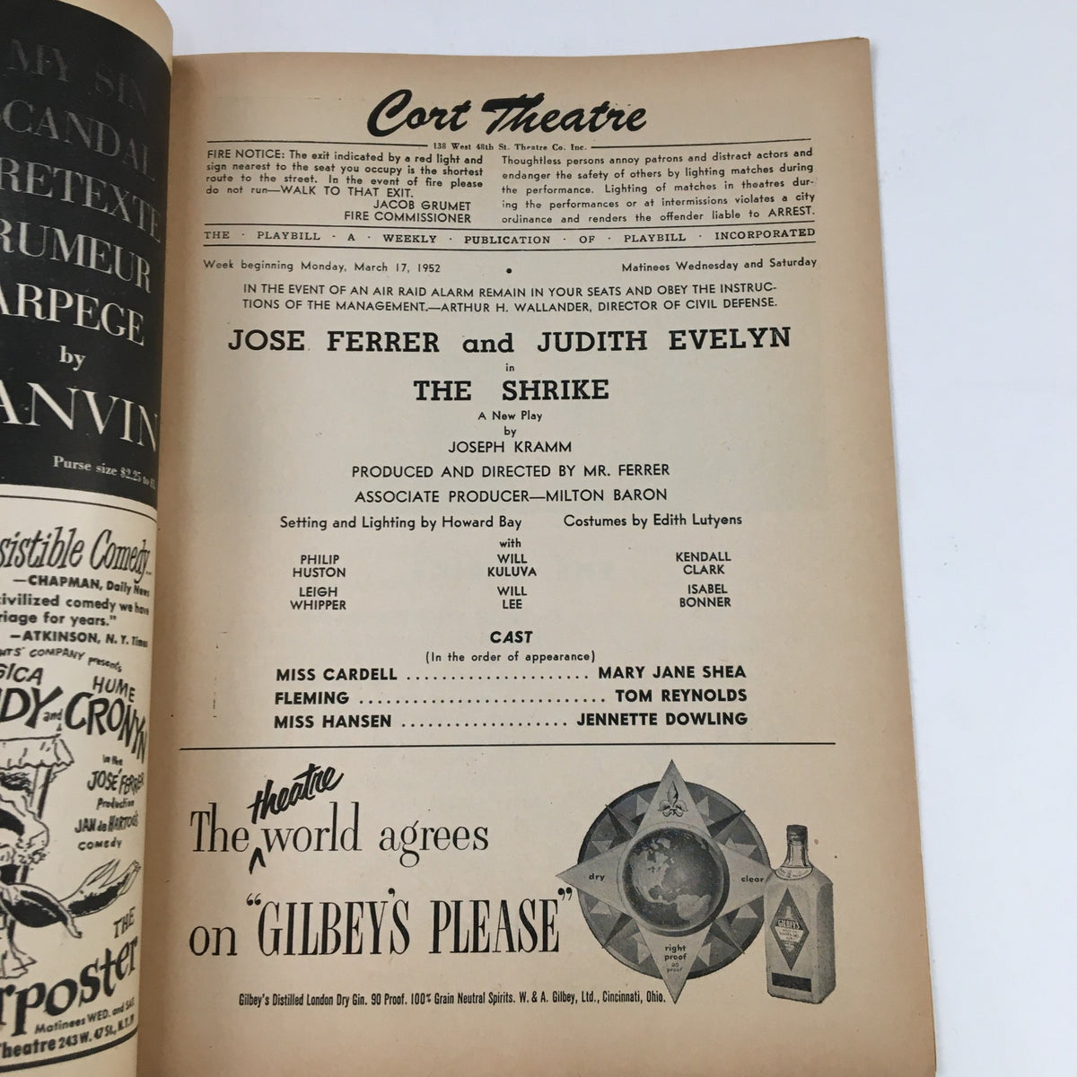 Inside view of the 1952 Playbill for The Shrike, detailing cast and production information.