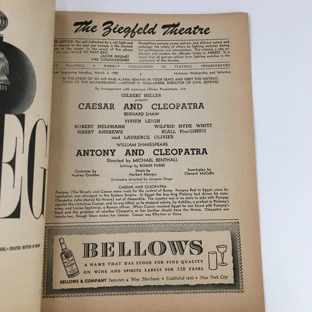 Inside page of the 1952 Playbill for The Ziegfeld Theatre, detailing the cast and production of Caesar and Cleopatra and Antony and Cleopatra.