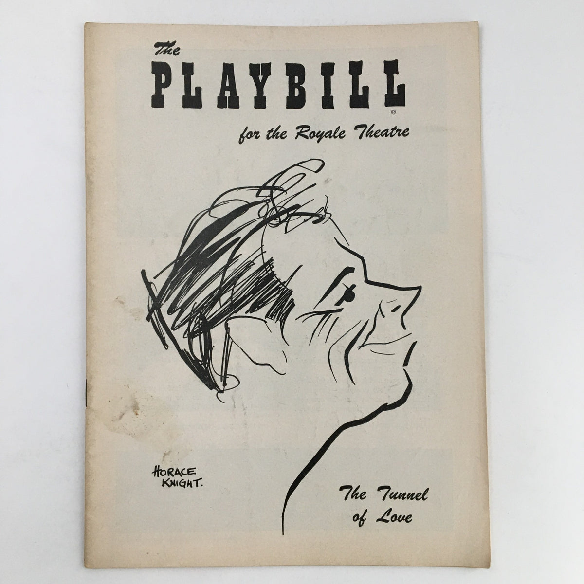 1957 Playbill for The Tunnel of Love at Royale Theatre featuring a sketch of a character by Horace Knight.