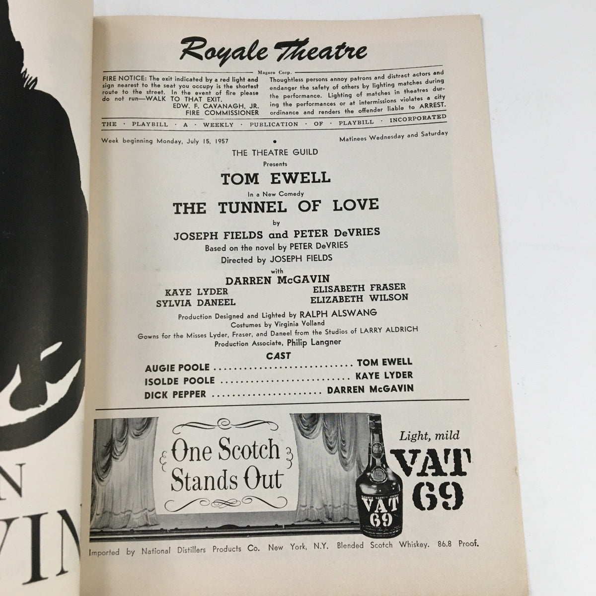 Inside page of the 1957 Playbill for The Tunnel of Love at Royale Theatre, listing cast members and production details.