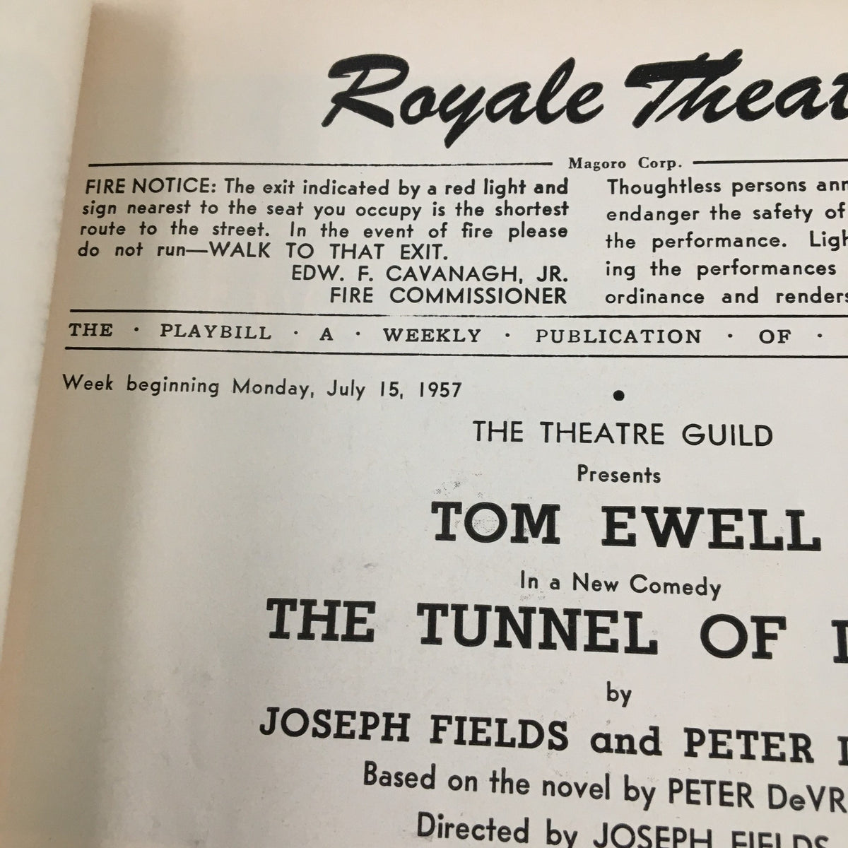 Fire notice page from the 1957 Playbill for The Tunnel of Love, indicating safety information and publication details.
