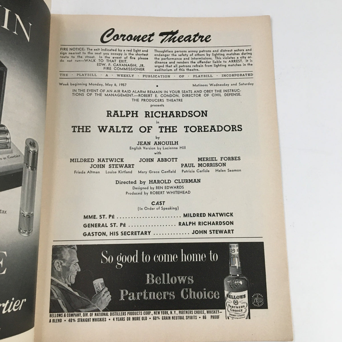 Interior page of the 1957 Playbill for Coronet Theater, highlighting cast details for Ralph Richardson in The Waltz of Toreadors, including other performers' credits.
