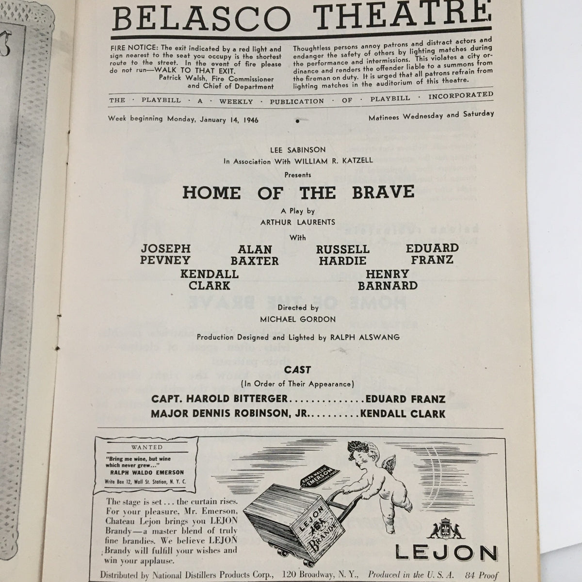 Interior page of the 1946 Playbill from the Belasco Theatre for 'Home of the Brave' by Arthur Laurents; cast list and production details.