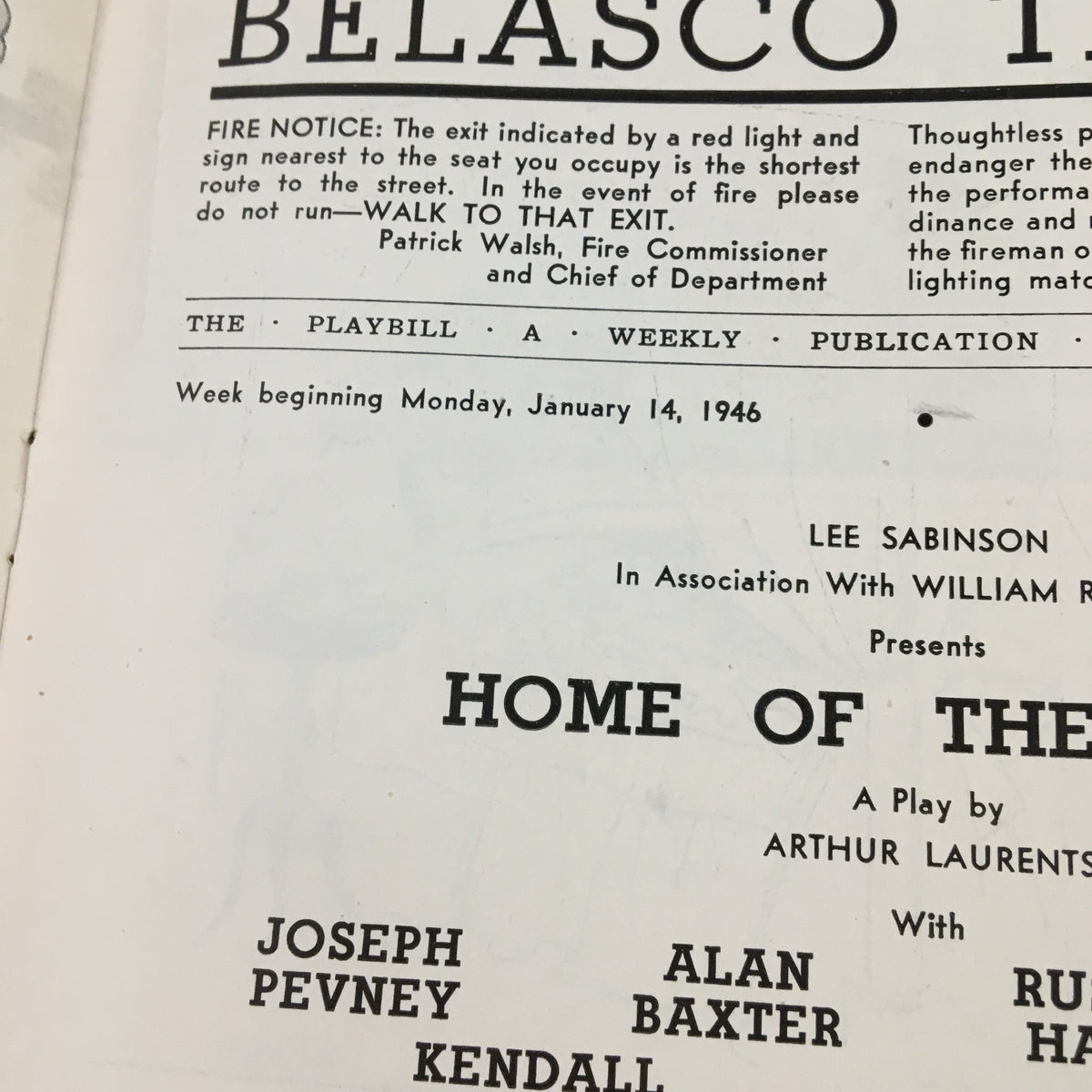 Detailed view of the interior page from the 1946 Playbill at Belasco Theatre, showcasing the title 'Home of the Brave' by Arthur Laurents along with cast information.