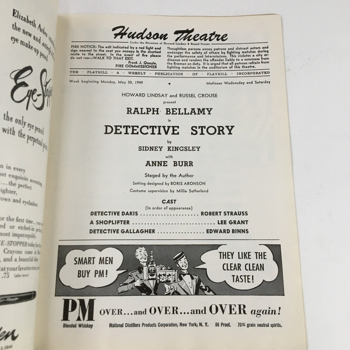 Interior page of the 1949 Playbill for the Hudson Theatre, highlighting the cast and production details for Detective Story by Sidney Kingsley.