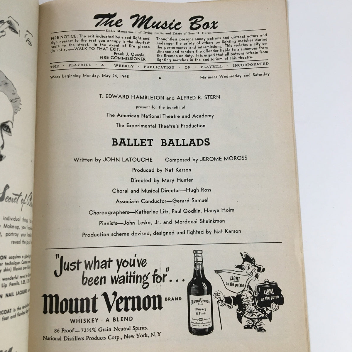 Interior page of the 1948 Playbill The Music Box T. Edward Hambleton Present Ballet Ballads featuring performance details and credits.