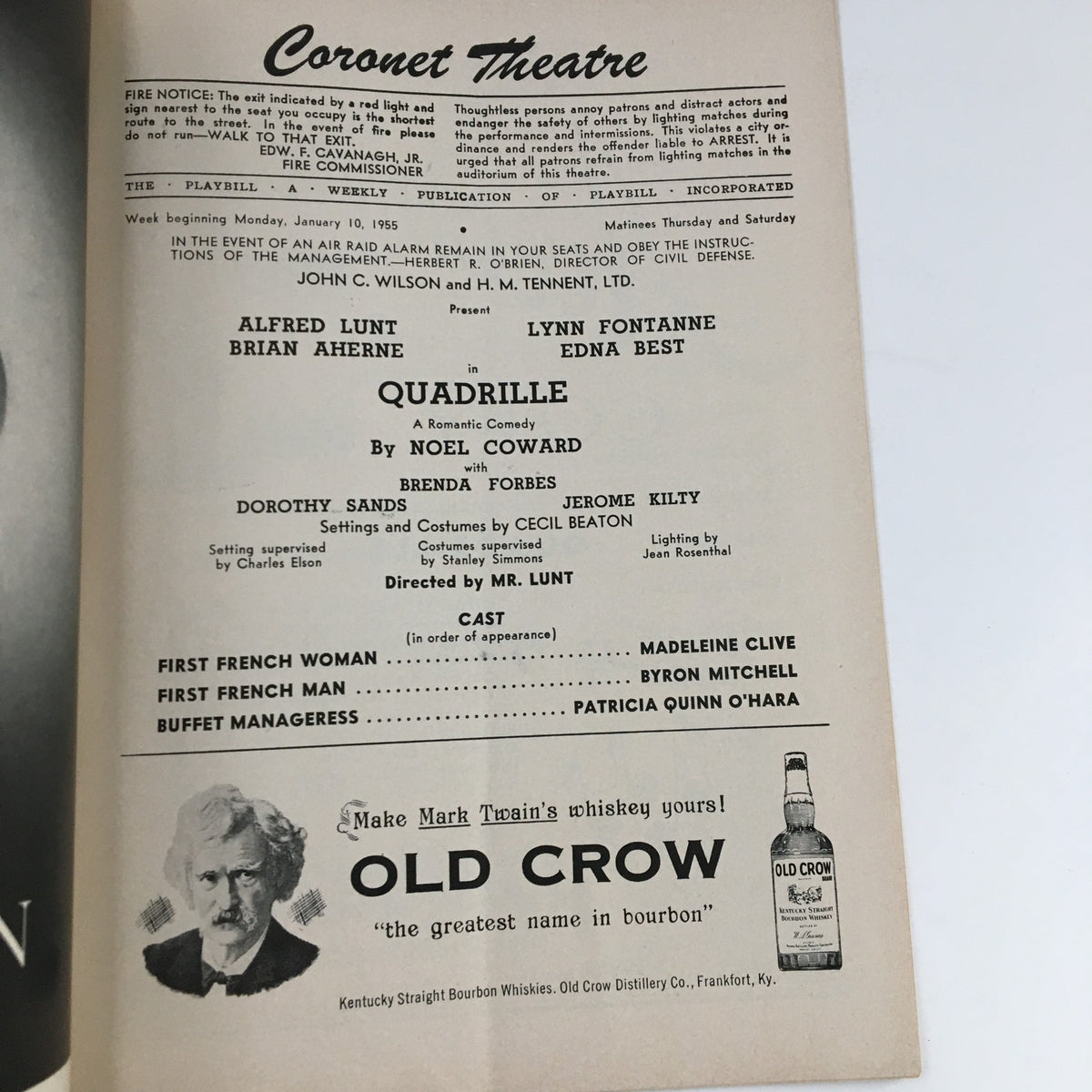 Inside page of the 1955 Playbill for The Coronet Theater, detailing the cast and production information for Alfred Lunt in Quadrille.