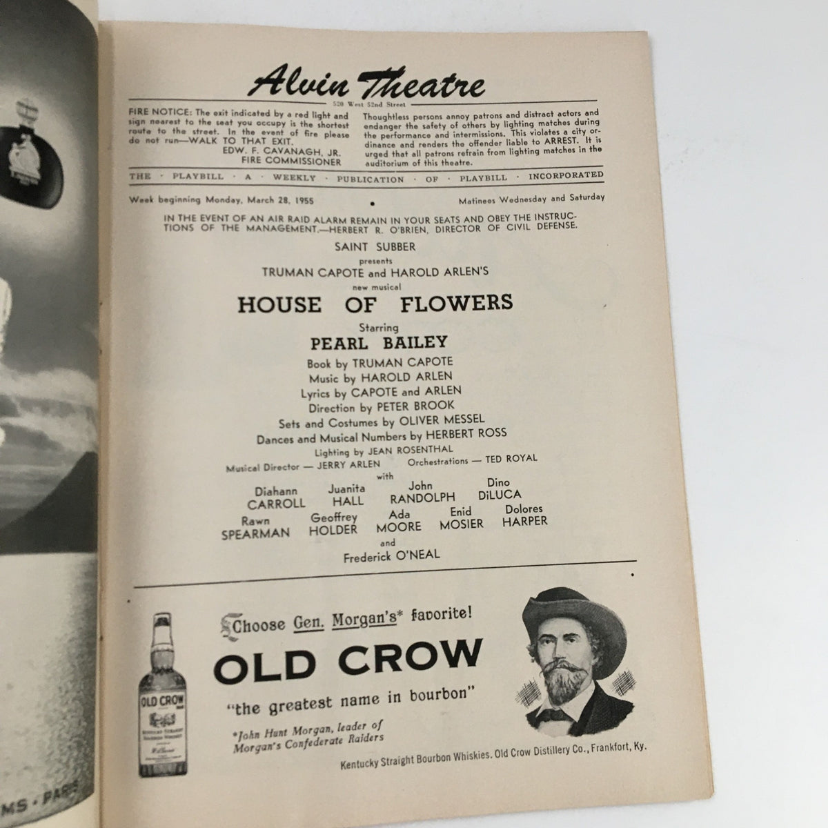 Interior page of the 1955 Playbill from Alvin Theatre displaying the cast and production details for Truman Capote's 'House of Flowers', including starring Pearl Bailey.