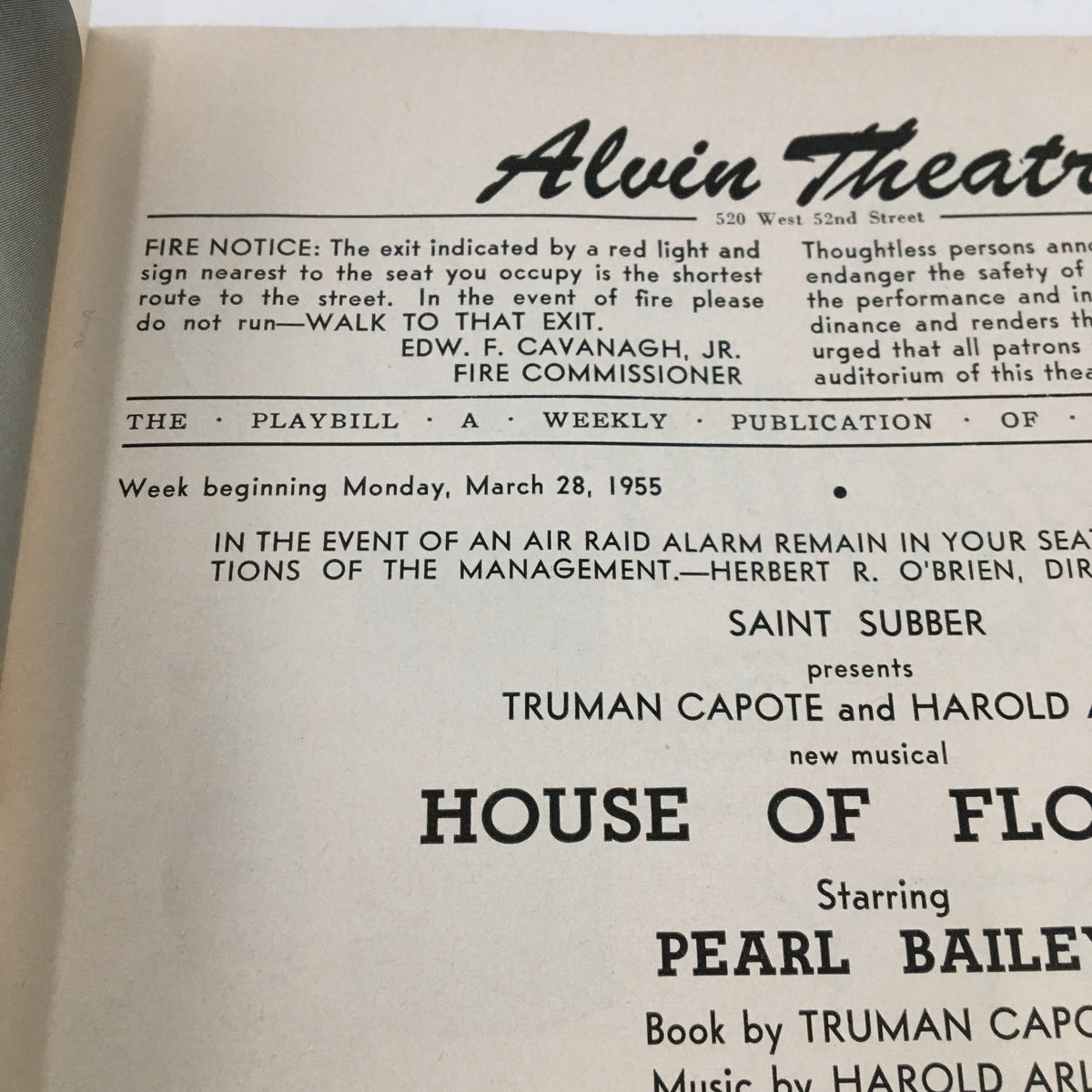 Cover page of the 1955 Playbill for House of Flowers at Alvin Theatre, listing the show's details including Truman Capote's name, the presentation of the musical, and starring Pearl Bailey.
