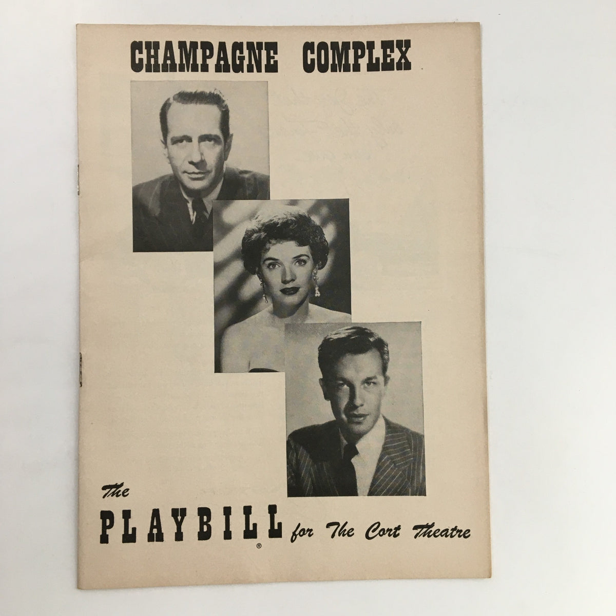 1955 Playbill for Champagne Complex featuring portraits of Donald Cook, Polly Bergen, and John Dall, presented at the Cort Theatre.