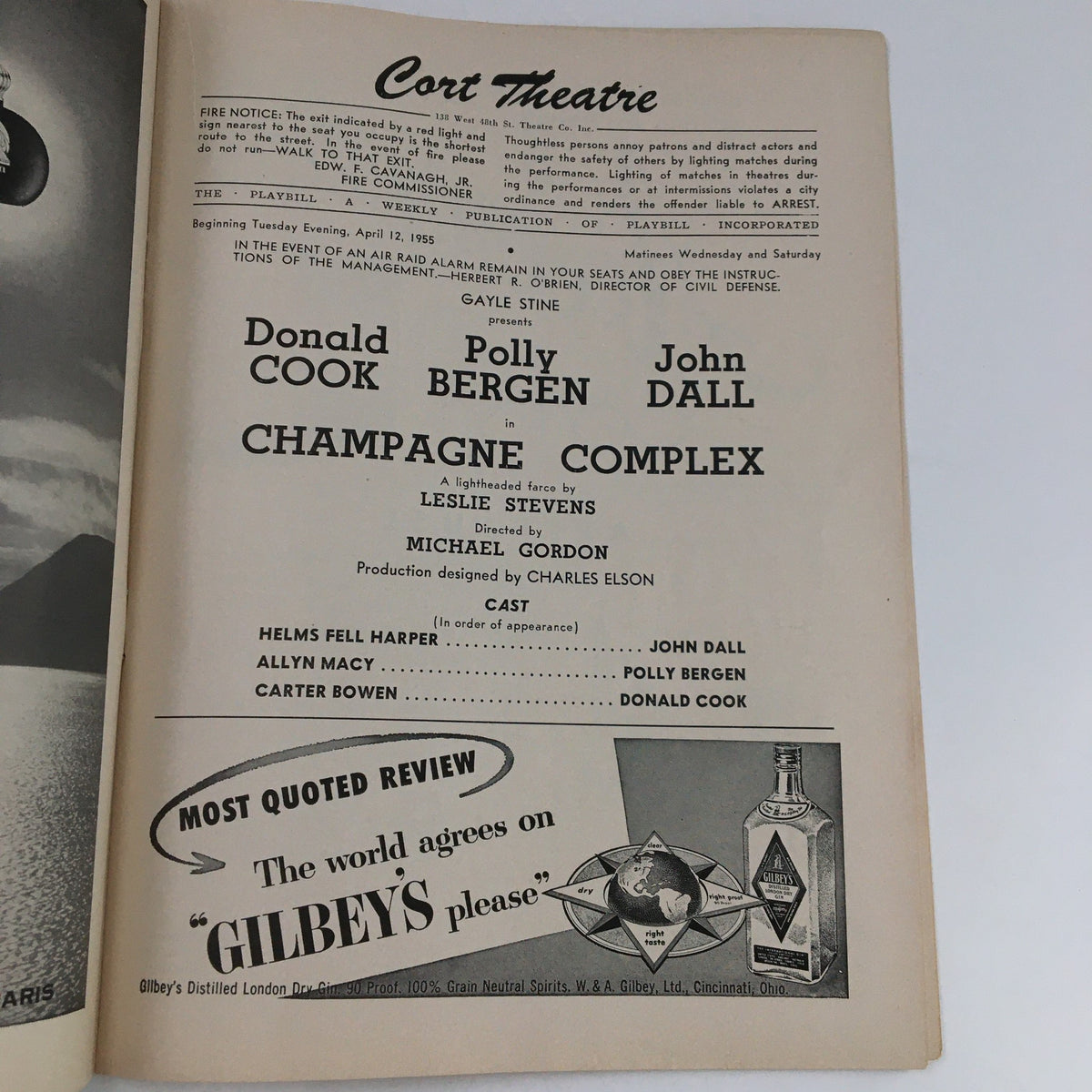 Inside page of the 1955 Playbill for Champagne Complex showcasing cast details including Donald Cook, Polly Bergen, and John Dall, at the Cort Theatre.