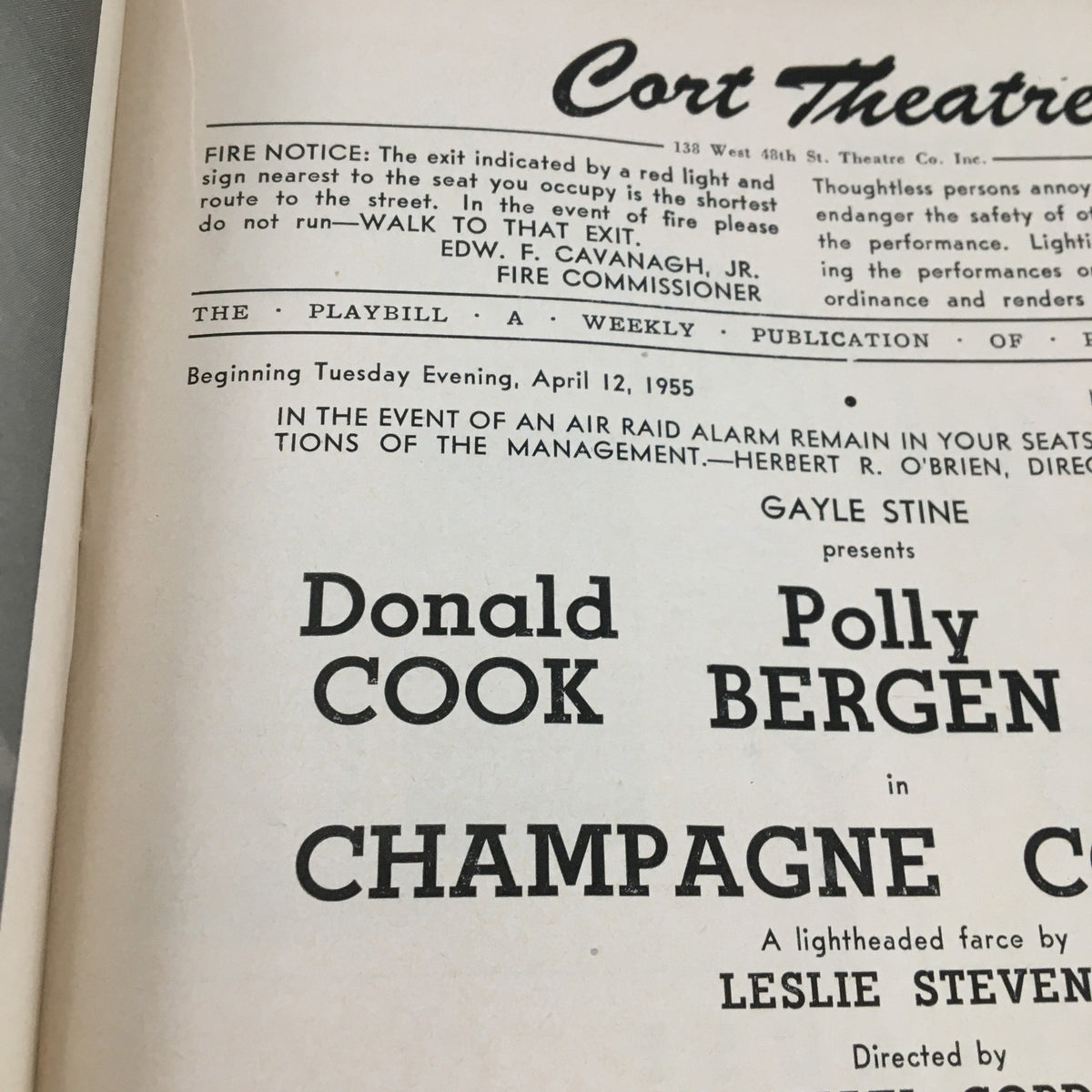 Close-up of the cast listing from the 1955 Playbill for Champagne Complex, featuring Donald Cook and Polly Bergen, presented at the Cort Theatre.