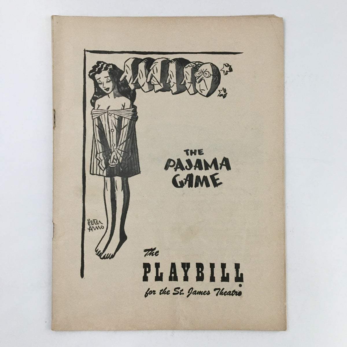 Front cover of the 1955 Playbill for The Pajama Game, featuring a hand-drawn illustration of a woman in pajamas, representing the St. James Theatre production.