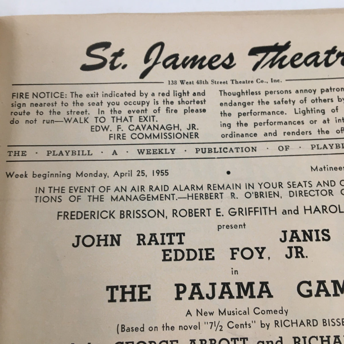 Another view of the inside page of the 1955 Playbill for The Pajama Game, highlighting the schedule, safety notices, and production credits at St. James Theatre.