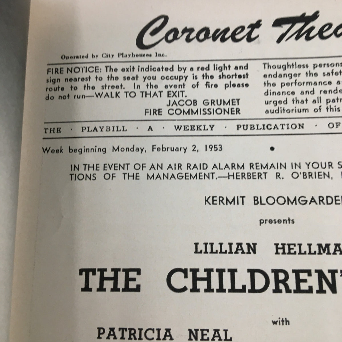 Close-up of the 1953 Playbill from Coronet Theatre presenting Lillian Hellman's The Children's Hour, displaying title and performance details.
