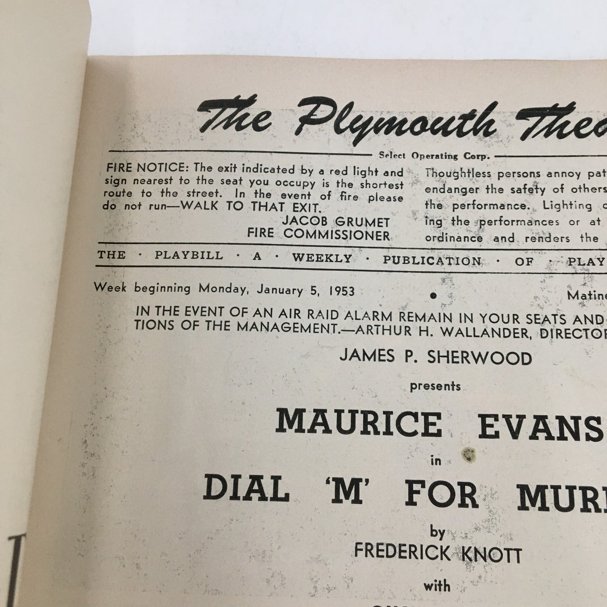 1953 Playbill for Dial M For Murder at the Plymouth Theatre. Displays title, opening date, and original cast member Maurice Evans.