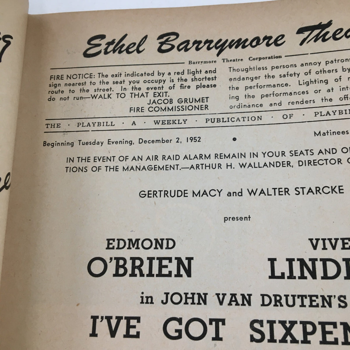 Details from the inside of the 1952 Playbill for 'I've Got Sixpence', including production credits and theater information at the Ethel Barrymore Theatre.