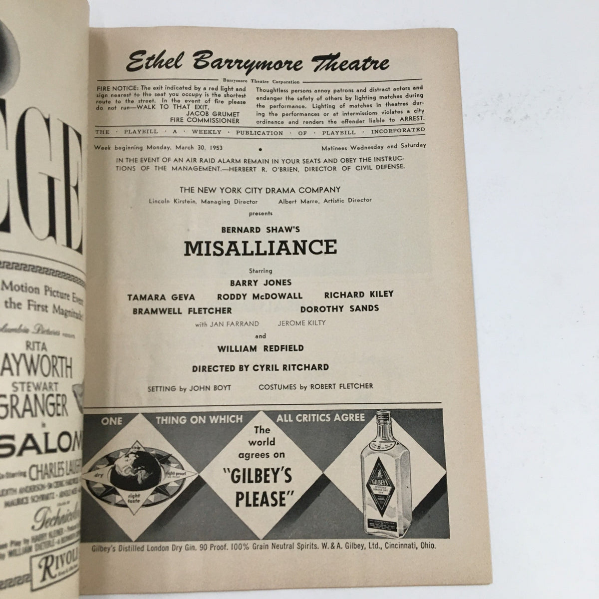 Inside page of the 1953 Playbill from Ethel Barrymore Theatre showcasing details of Misalliance by Bernard Shaw.