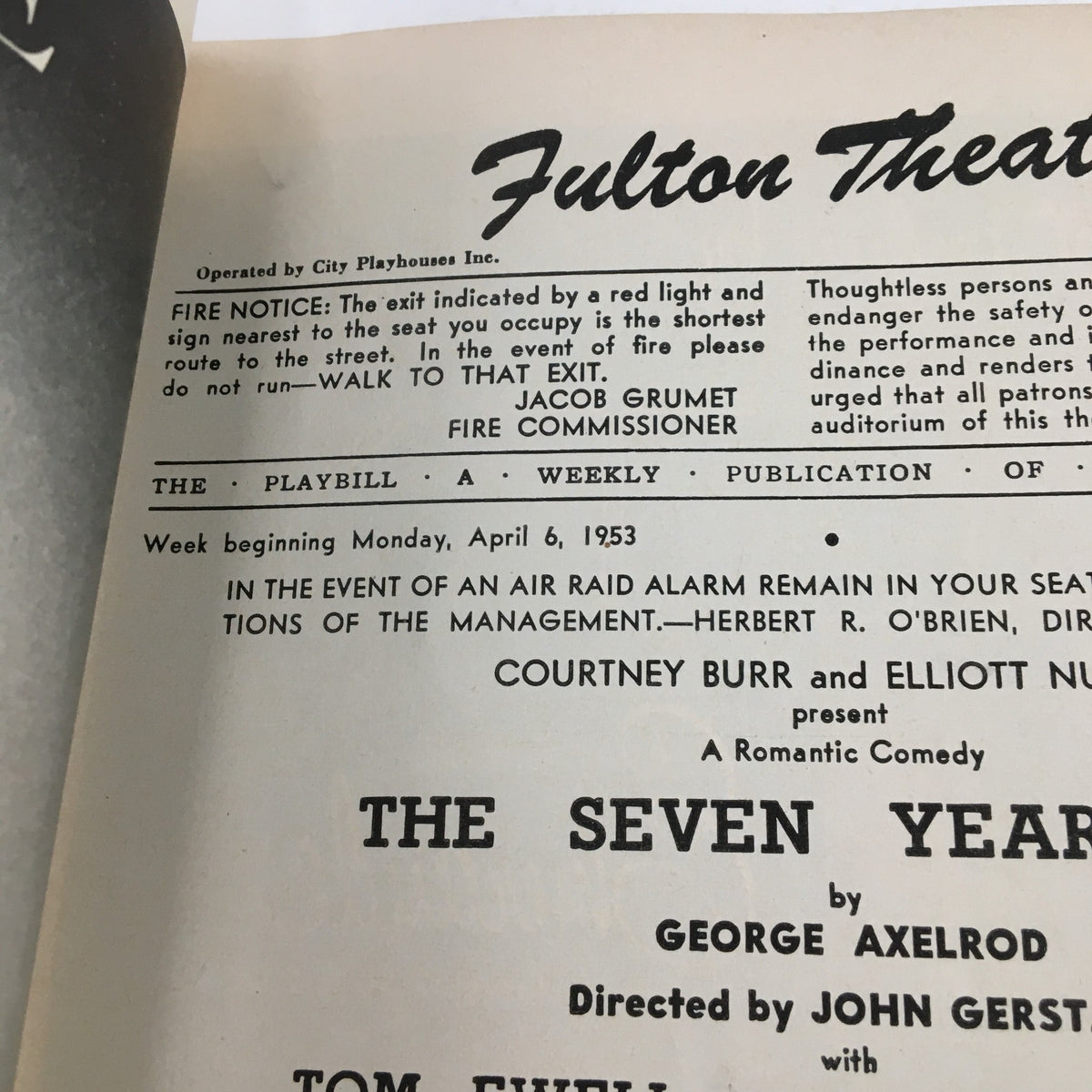 1953 Playbill for The Seven Year Itch by George Axelrod, featuring the Fulton Theatre details. Includes fire safety notice and performance information for the week beginning April 6, 1953.