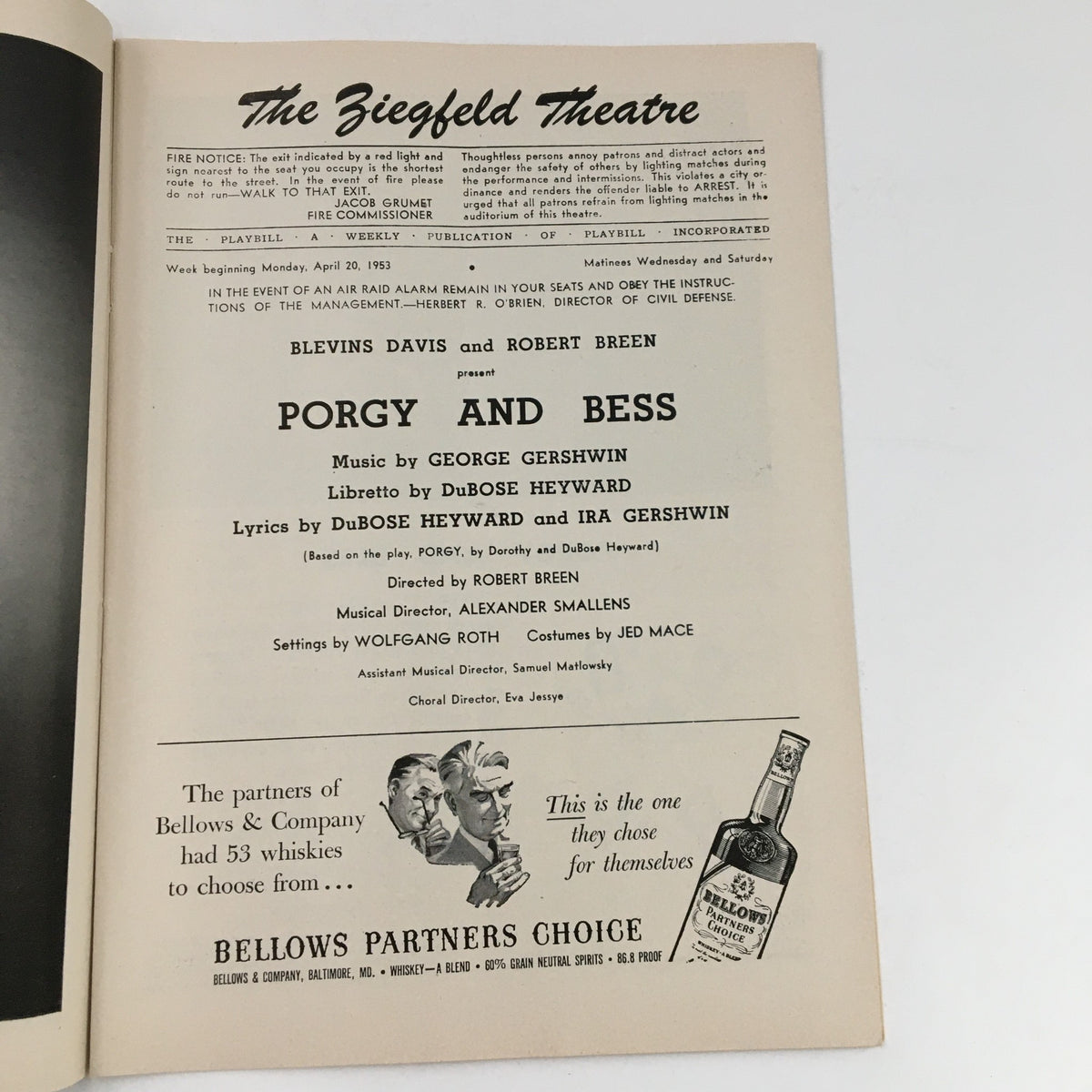 1953 Playbill for Porgy and Bess at the Fiegfeld Theatre, showcasing details like production credits and music by George Gershwin.