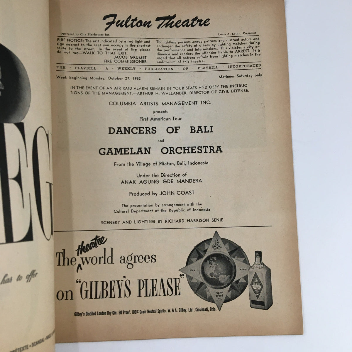 Inside view of the 1952 Playbill for 'Dancers of Bali and Gamelan Orchestra' detailing performance information and credits.