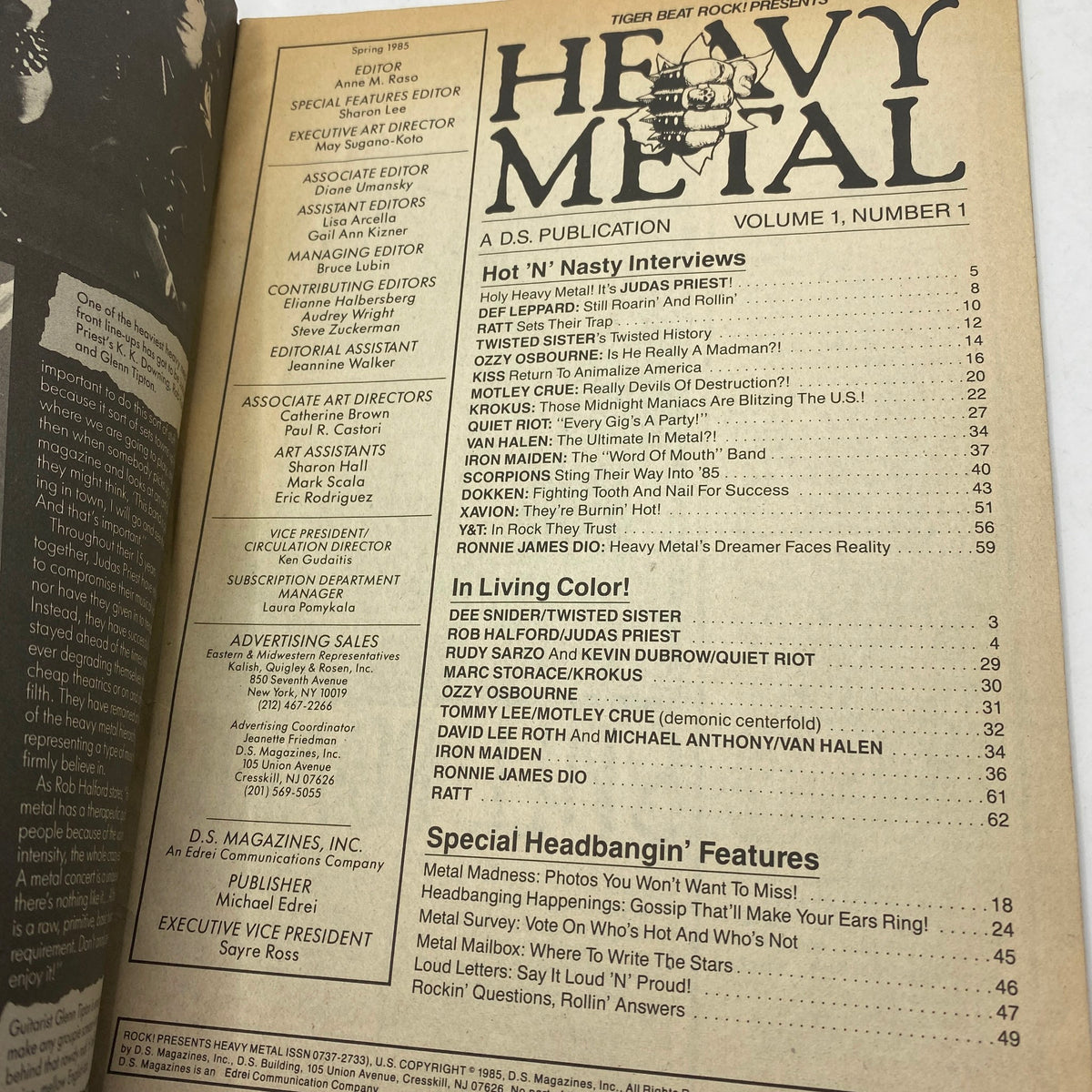 Inside page of VTG Rock! Presents Heavy Metal Magazine 1985 Vol 1 No. 1 displaying the editorial staff and table of contents, providing insights into featured artists and articles.