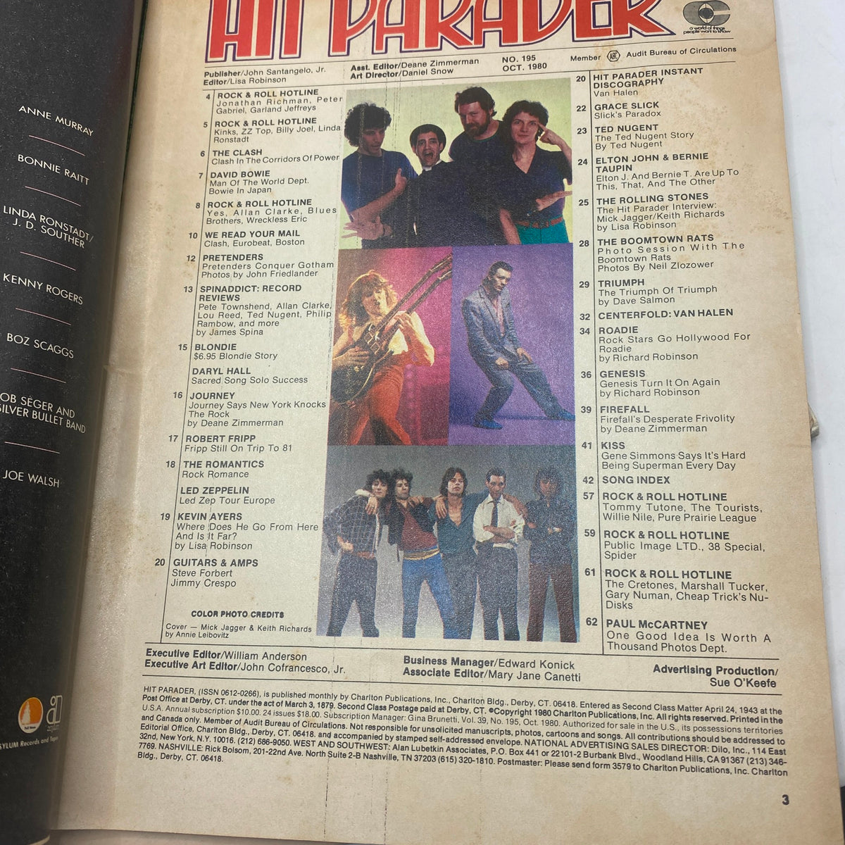 Interior page of the VTG Hit Parader Magazine October 1980, highlighting a table of contents and images from iconic musical acts of the era.