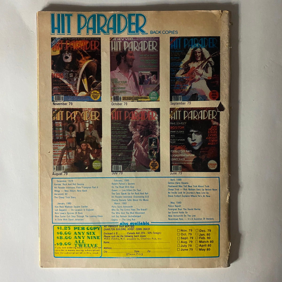 Back cover of Hit Parader Magazine from July 1980 featuring past issues and subscription information, showcasing the vibrant history of rock bands including Blondie and Kiss, relevant to the VTG Hit Parader Magazine July 1980 Blondie Backstage & Kiss w Centerfold.