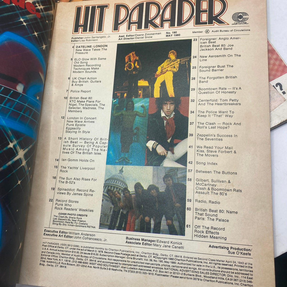 Inside page of the May 1980 Hit Parader magazine showing the table of contents and key features, highlighting influential rock bands and music culture of the time.