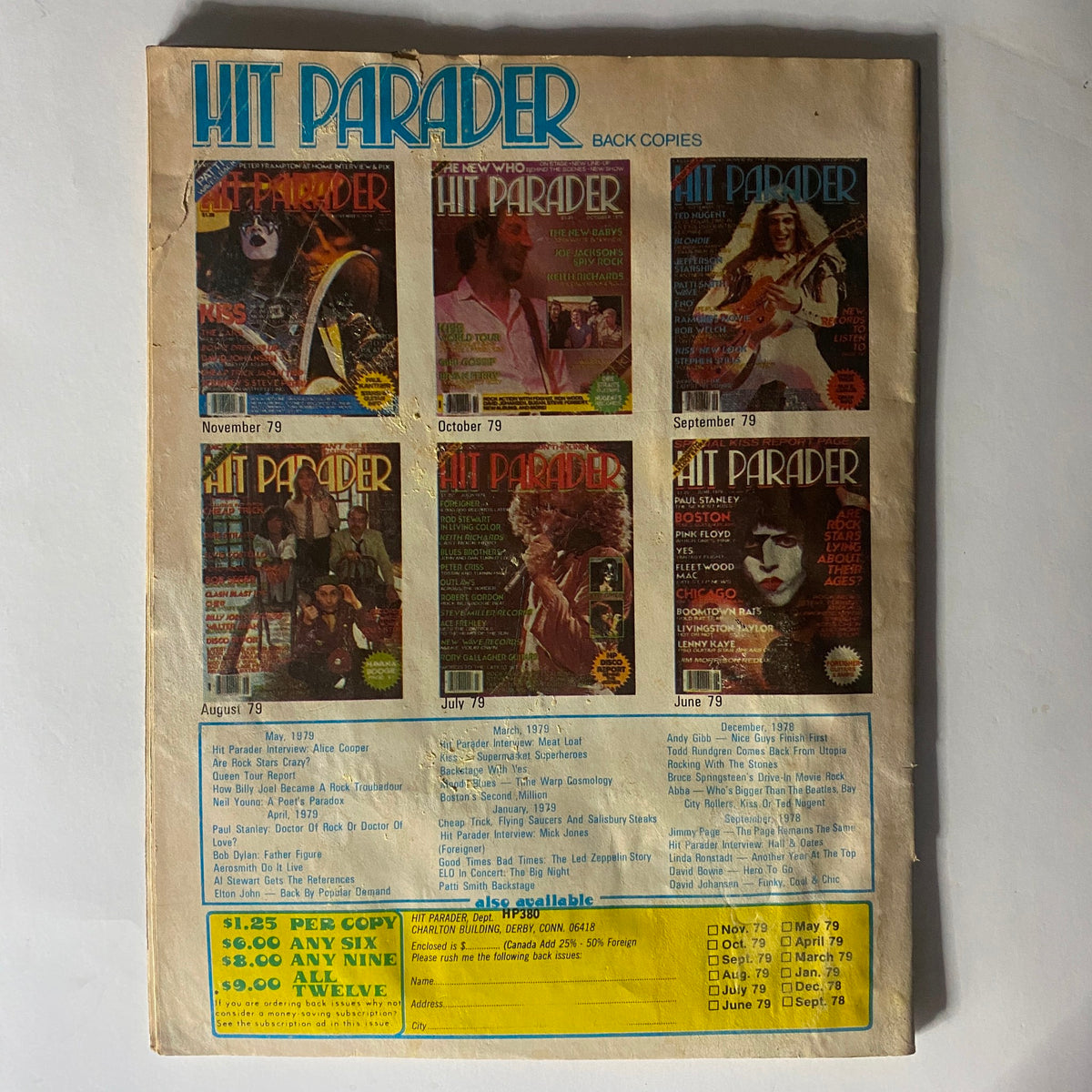 Back cover of the Hit Parader Magazine from March 1980, displaying a collection of past magazine issues alongside vintage music advertisements.