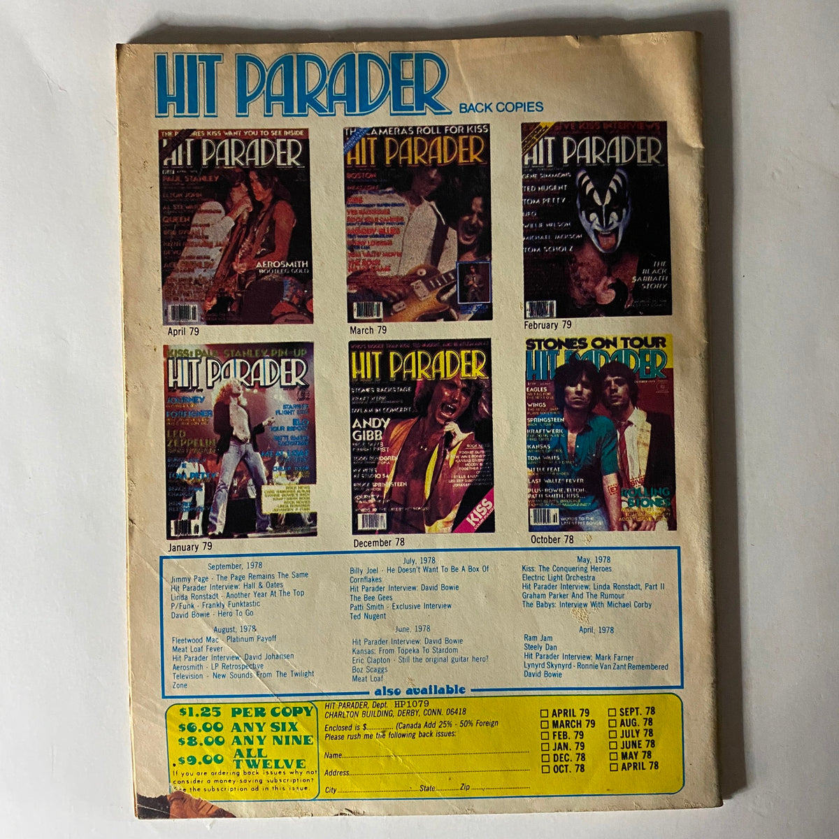 Back cover of VTG Hit Parader Magazine October 1979 displaying various previous issues and back copies including notable rock artists.