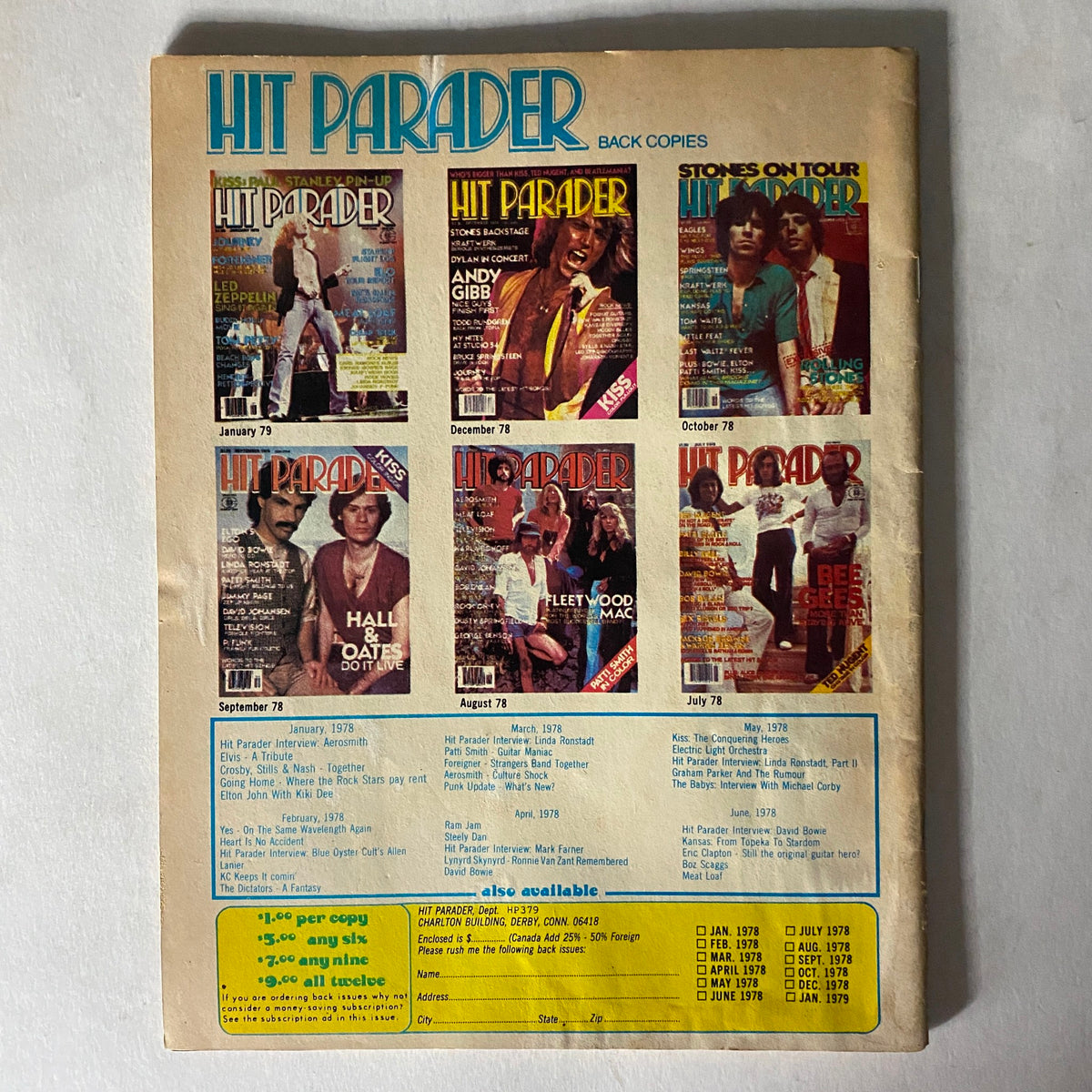 Back cover of VTG Hit Parader Magazine March 1979 featuring details of past issues and cover art from various editions, highlighting iconic artists and bands.