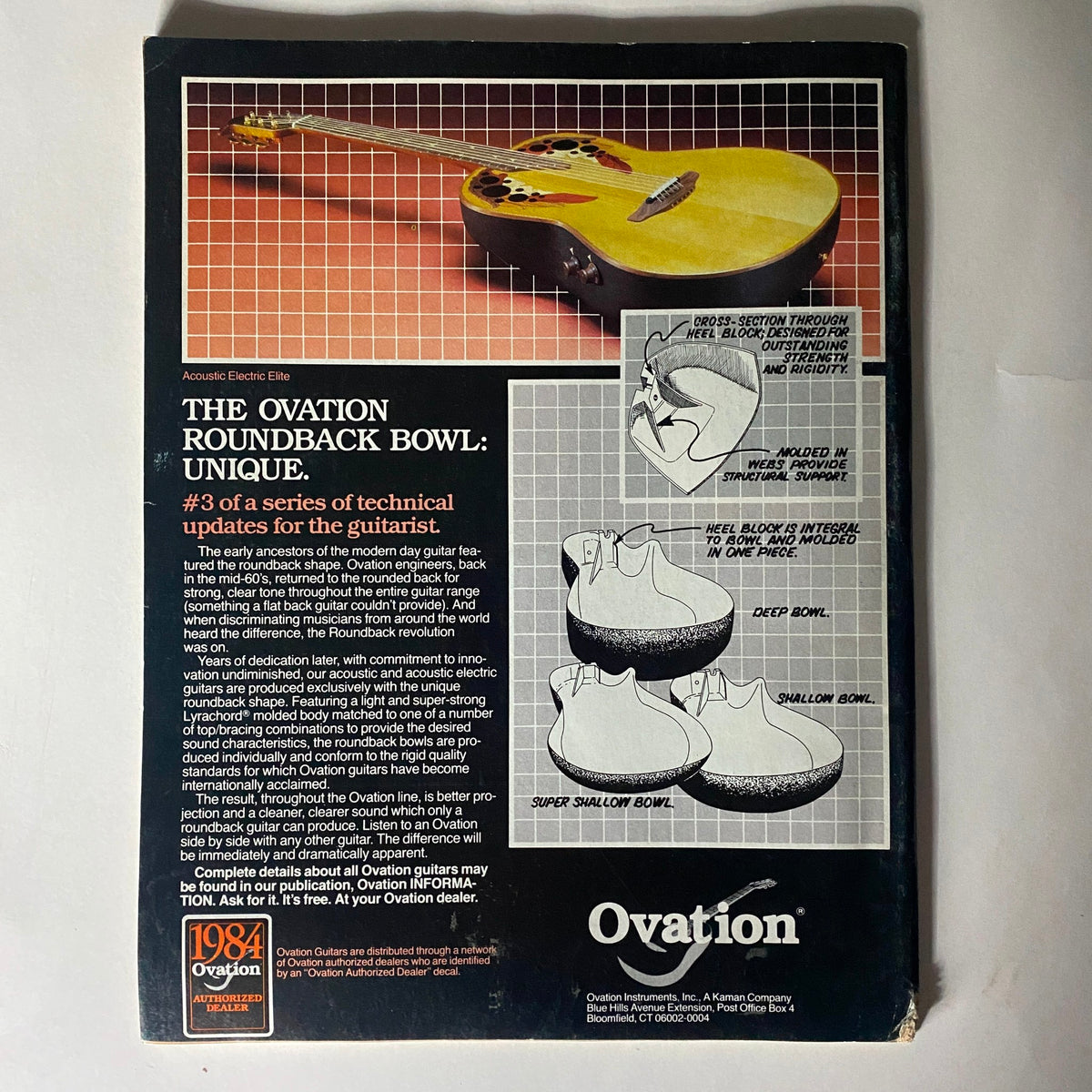 Back cover of the VTG Musician Magazine March 1984, featuring information about the Ovation Roundback Bowl guitar, highlighting advancements in guitar design and technology.