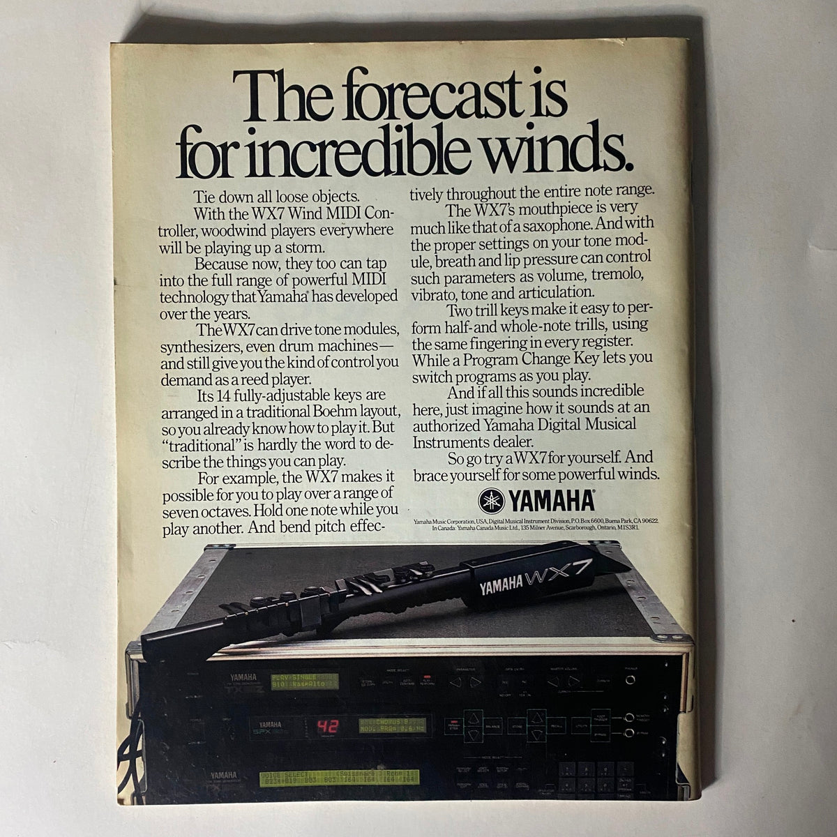 Back cover of the February 1988 issue of Musician Magazine No. 112 promoting the Yamaha WX7 Wind MIDI Controller, showcasing musical technology advancements.