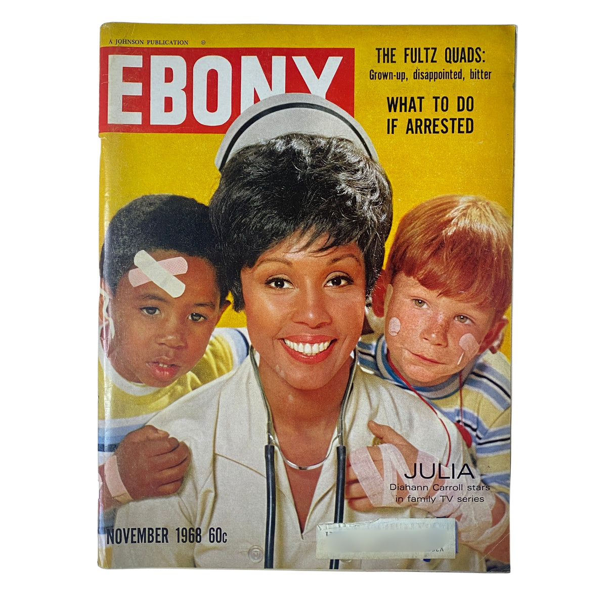 Ebony Magazine November 1968 featuring Diahann Carroll on the cover along with two children, showcasing the groundbreaking television series Julia. Includes features on cultural topics and notable articles.
