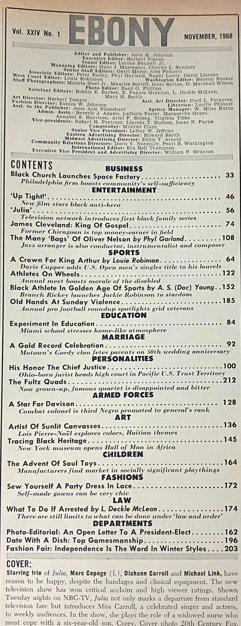 Contents page of Ebony Magazine, November 1968 issue featuring articles on Black culture and history, including a highlight on the show Julia. Vol. XXIV, No. 1.