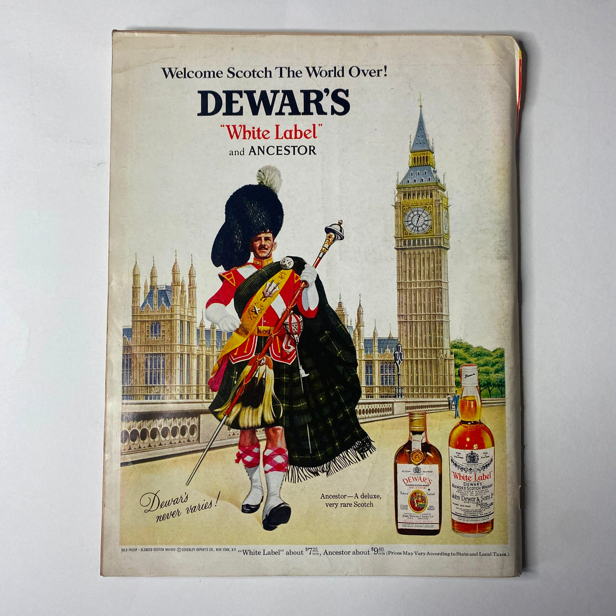 Advertisement from the back cover of Ebony Magazine, November 1968, for Dewar's White Label featuring a traditional Scottish soldier and iconic London landmarks. Promotes Dewar's whisky brand.