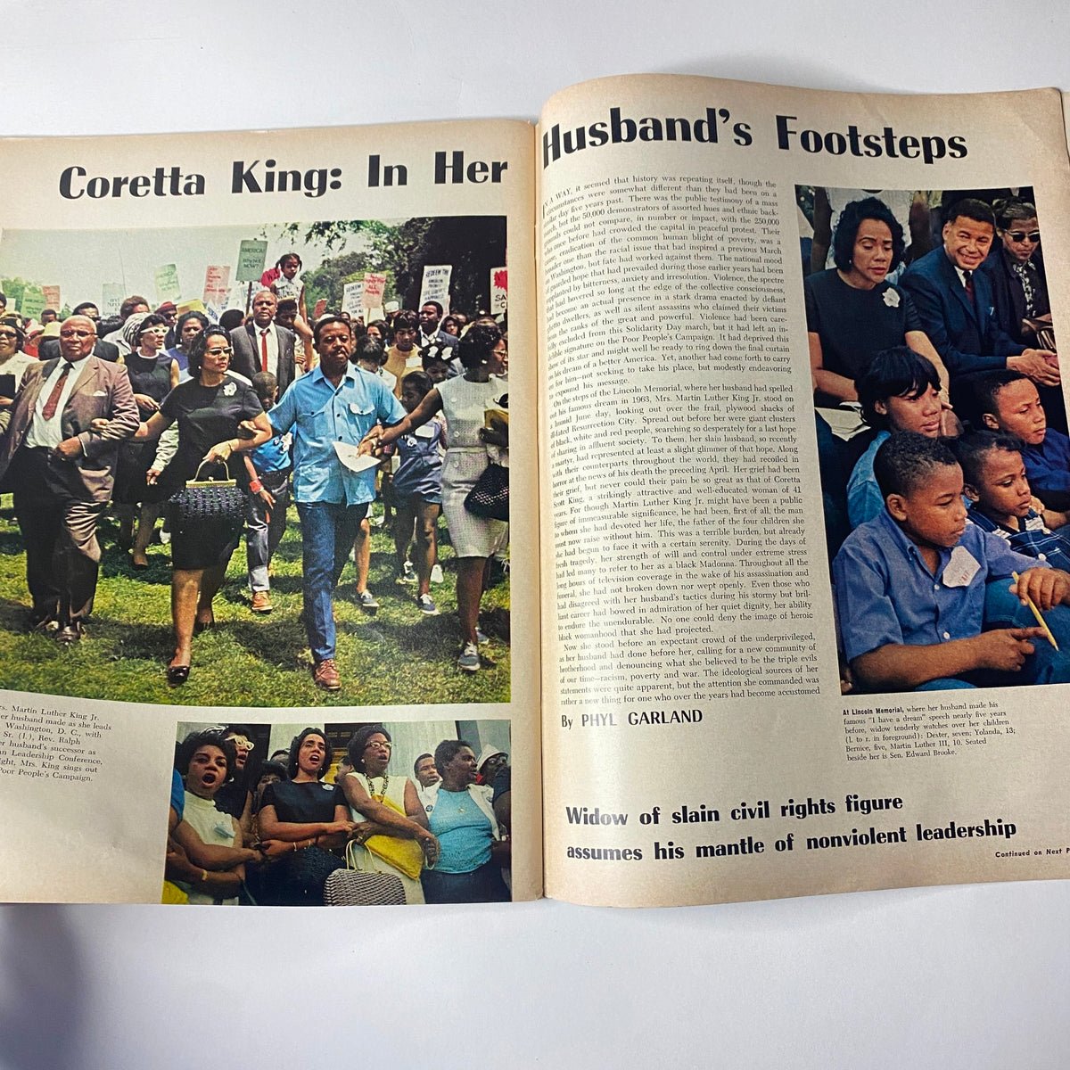 Ebony Magazine September 1968 cover featuring Coretta King with the article 'In Her Husband's Footsteps' by Phil Garland, displaying images of the civil rights march and Coretta Scott King honoring Dr. Martin Luther King Jr.