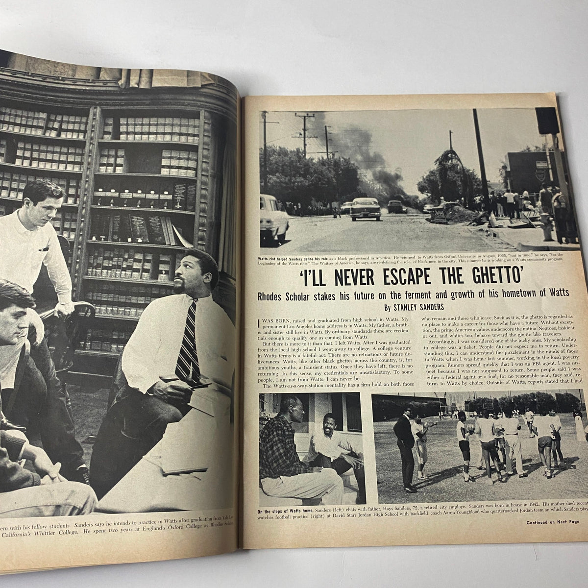 Interior page of Ebony Magazine August 1967 showcasing an article titled 'I'll Never Escape the Ghetto' by Stanley Sanders, discussing the experiences of a Rhodes Scholar.