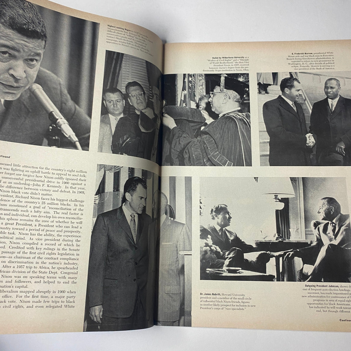 Inside page of Ebony Magazine January 1969 showcasing various political figures including Nixon, highlighting the discussions around civil rights and government action.