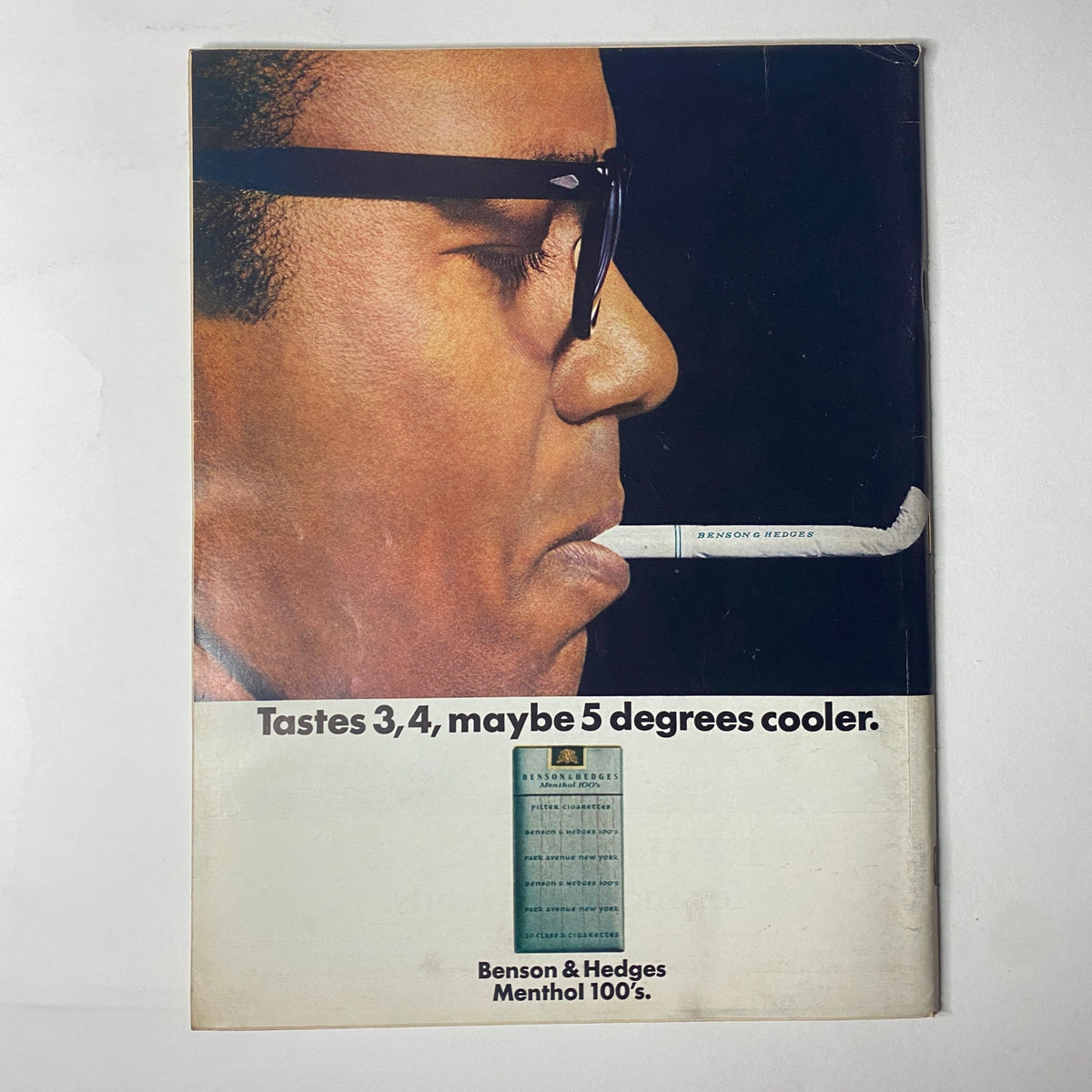 Back cover of Ebony Magazine January 1969 featuring a vintage advertisement for Benson & Hedges Menthol cigarettes with a stylish profile image.