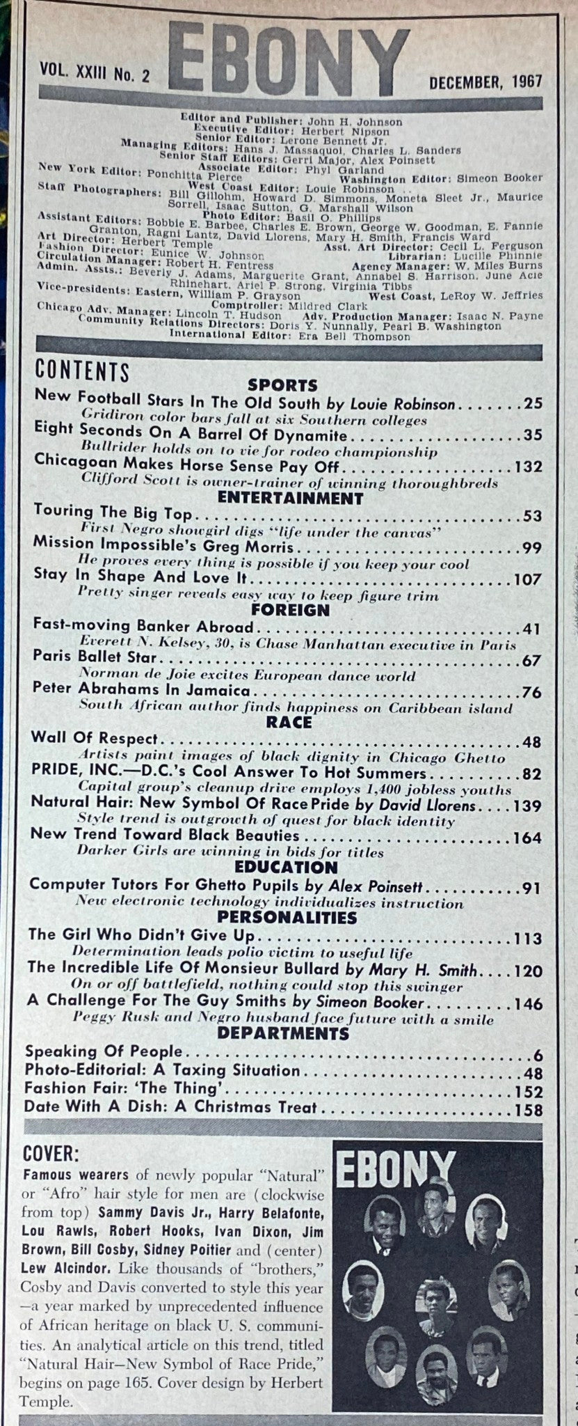 Contents page of Ebony Magazine December 1967 showcasing articles including 'New Football Stars in the Old South' and 'Computer Tutors for Ghetto Pupils', reflecting the magazine's focus on race, culture, and education during the 1960s.