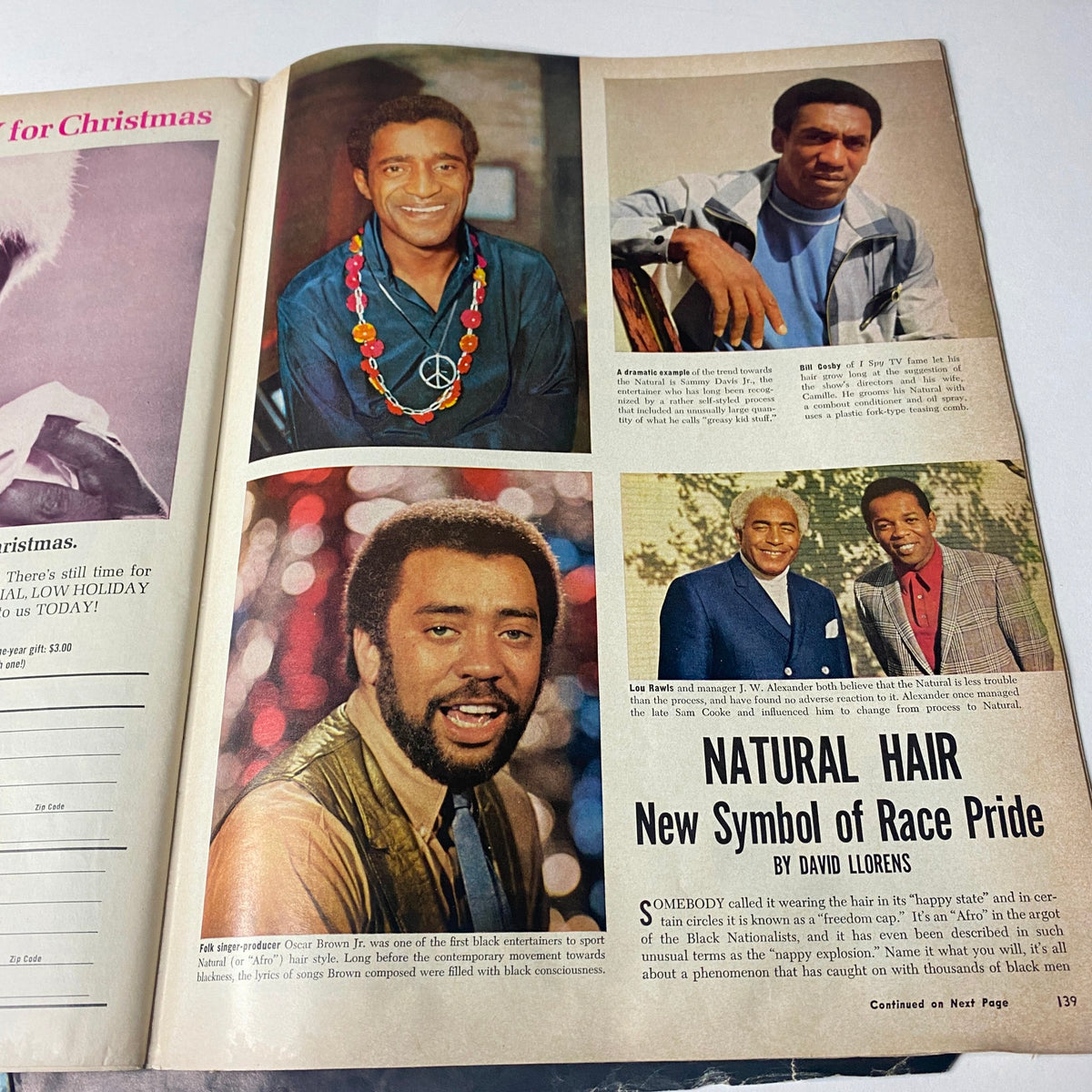 Collage of prominent Black male figures in Ebony Magazine December 1967, featuring Sammy Davis Jr., Harry Belafonte, and others discussing the significance of natural hair as a symbol of race pride.