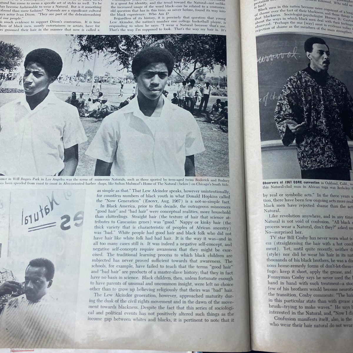 Photographic spread from Ebony Magazine December 1967 depicting young men wearing natural hairstyles, illustrating the cultural movement surrounding Black identity and pride.