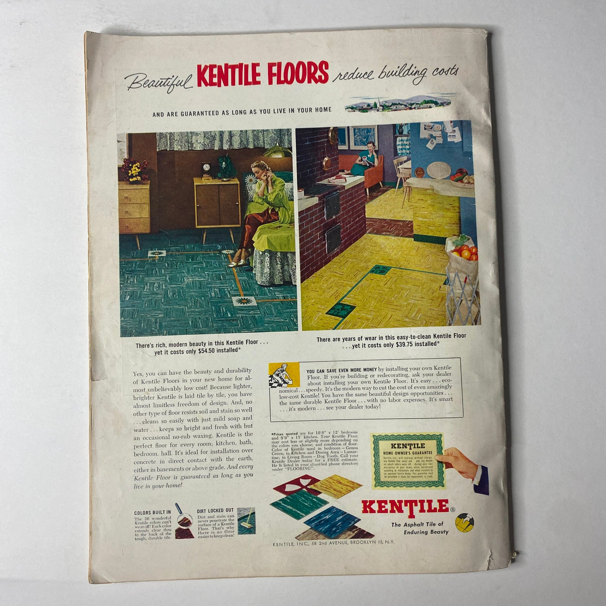 Advertisement from Small Homes Guide Magazine Fall 1951 for Kentile floors, showcasing stylish and durable flooring options designed to reduce building costs for homeowners.