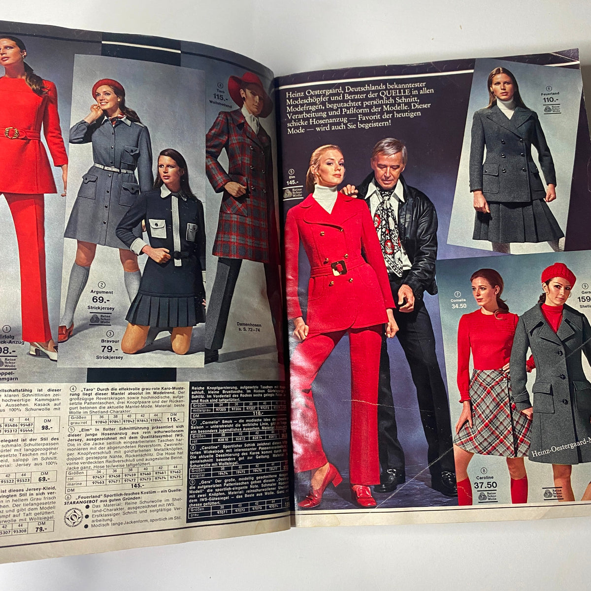Inside pages of the 1969 - 1970 Quelle Winter Catalog displaying a vibrant fashion spread by Heinz Oestergaard, featuring models in various stylish outfits including a bright red suit.