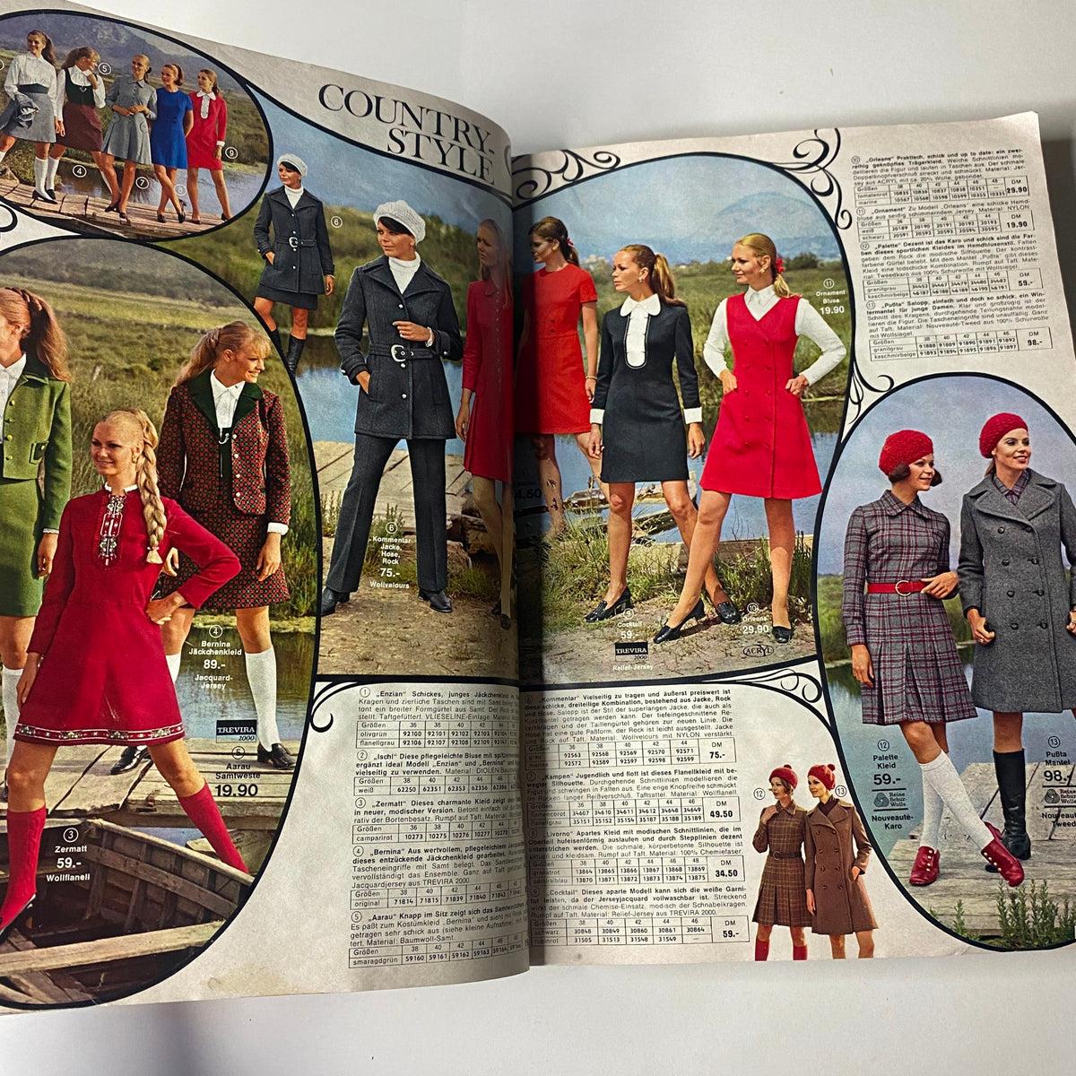 1969 - 1970 Quelle Winter Catalog featuring country-style fashion for women and young girls, displaying assorted dresses and accessories set against a scenic outdoor backdrop.